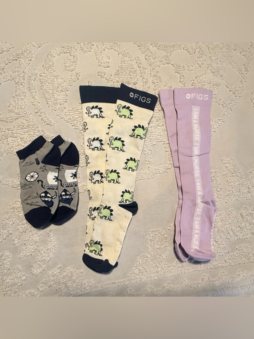 FIGS Cream & Navy Dinosaur Knee-High Socks with Lavender Nurse Pair